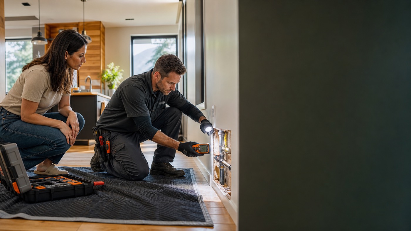 Plumber tracing a leak in an Arvada home